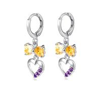 Homxi Orecchini Matrimonio d'Oro Bianco Donna 9Kt, Fiocco e Cuore Cavo con Citrina Ametista, Orecchino a Pendenti Donna Oro