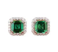 Homxi Orecchini Matrimonio d'Oro Bianco Donna 9Kt, Quadrato con Smeraldo Sintetico da 1ct e Moissanite, Orecchino Donna a Bottone Verde Argento