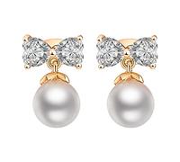 Homxi Orecchini Matrimonio Oro 9Kt 375 Donna, Fiocco e Perla con Moissanite, Donna Orecchino a Pendenti Oro