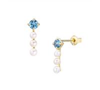 Homxi Orecchini Matrimonio Oro Giallo 9K Donna, Perle e Topazio, Donna Bottone Orecchini Matrimonio Azzurro Oro