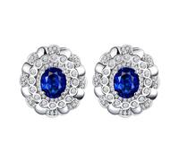 Homxi Oro Bianco Orecchini Matrimonio Donna 18 Kt, Fiore e Ovale con Zaffiro da 1ct e Diamante, Donna Orecchino a Bottone Blu Argento