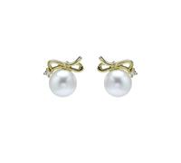 Homxi Oro Orecchini Donna 9 Kt, Perla e Fiocco con Diamante, Donna Orecchini Matrimonio a Bottone Oro