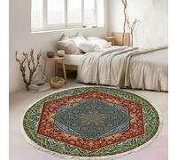 Homxi Tappeto Camera Bambina Rotondo 90 cm, Passatoia Sala Poliestere, Modello Mandala con Nappe, Tappeto Verde Rosso Blu Balcone