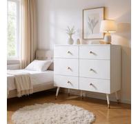 HOMYLIN Cassettiera moderna con 6 frontali intagliati geometrici - Comò francese color crema con pomelli dorati, bianco