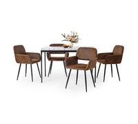 HOMYLIN Set di 5 sedie da pranzo e tavolo, 120 cm, rettangolare, effetto marmo bianco, tavolo da pranzo con 4 braccioli in pelle scamosciata marrone sedie da cucina