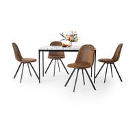 HOMYLIN Set di 5 sedie da pranzo e tavolo, 120 cm, rettangolare, effetto marmo bianco, tavolo da pranzo con 4 sedie girevoli in pelle scamosciata marrone