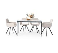 HOMYLIN Set di 5 sedie da pranzo e tavolo, 120 cm, rettangolare, effetto marmo bianco, tavolo da pranzo con 4 braccioli girevoli beige sedie da cucina
