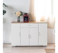 HOMYLIN Tavolino moderno con piano in rovere venato, 1 cassetto e armadietti, ripiani regolabili, tavolino compatto in MDF per organizzare il divano, bianco