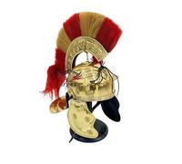 HOMYZ Elmetto da centurione romano in ottone con incisione e supporto in legno e piume, elmo greco corinzio, regalo per lui