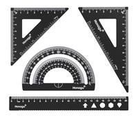 Honagu Set di 4 righelli triangolari, righello in lega di alluminio, righello da disegno in metallo, goniometro geometrico per studenti, disegnatori, ingegneri, casa, scuola e ufficio (20 cm, nero)