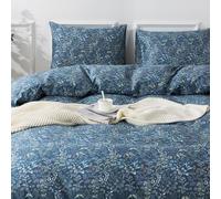 HoneiLife Set copripiumino in 100% cotone, motivo erbe, morbido e traspirante, con chiusura a cerniera e lacci agli angoli, 3 pezzi (1 copripiumino + 2 federe), blu e nero, king size