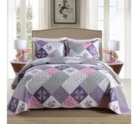 HoneiLife Set trapunta Queen Size - 3 pezzi in microfibra reversibile copriletto patchwork copriletto floreale set di biancheria da letto per tutte le stagioni con motivo geometrico e piccola rosa