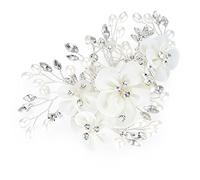 HONEY BEAR donna clip pettine per capelli,gioielli da sposa,accessori per capelli sposa,gioielli a forma di fiore con finte perle e strass, bianco (Argento)