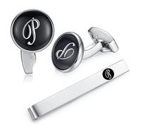 Honey Bear gemelli & Fermacravatta uomo con iniziali alfabeto lettera per uomo - camicia acciaio per matrimonio Commercio Regalo,Nero (P)