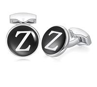 HONEY BEAR Gemelli rotondi con lettera dell'alfabeto iniziale per regalo di nozze da uomo, nero dalla A alla Z, 16MM, Acciaio inossidabile, Senza pietra