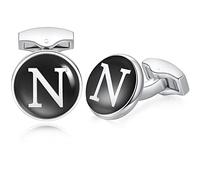 HONEY BEAR Gemelli rotondi con lettera dell'alfabeto iniziale per regalo di nozze da uomo, nero dalla A alla Z, 16MM, Acciaio inossidabile, Senza pietra