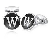 HONEY BEAR Gemelli rotondi con lettera dell'alfabeto iniziale per regalo di nozze da uomo, nero dalla A alla Z, 16MM, Acciaio inossidabile, Senza pietra