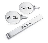 HONEY BEAR Set di gemelli da matrimonio con fermacravatta per camicia da uomo, regalo di matrimonio con scatola, argento spazzolato, 22*16mm, Acciaio inossidabile, Senza pietra