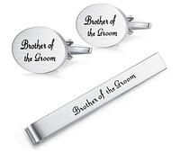 HONEY BEAR Set di gemelli da matrimonio con fermacravatta per camicia da uomo, regalo di matrimonio con scatola, argento spazzolato, 22*16mm, Acciaio inossidabile, Senza pietra