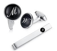 HONEY BEAR Set di gemelli e fermacravatta con lettera dell'alfabeto, in acciaio inox, per regalo d'affari, matrimonio, camicia da uomo, colore nero