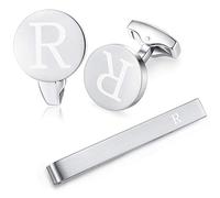 HONEY BEAR Set di gemelli & Fermacravatta uomo con iniziali alfabeto lettera per uomo camicia matrimonio Commercio Regalo,Argento spazzolato