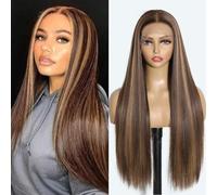 Honey Brown Sintic Lace Front Wig 13x6 Long Highlight Brown Straight Lace Front Sintic Wigs for Women 26 Inch Pre Plucked Natural Hairline Glueless Heat Resistant Fiber Hair Wig Party Use