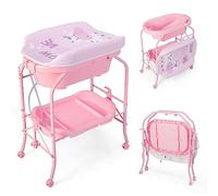 HONEY JOY Fasciatoio con vasca, fasciatoio pieghevole con ruote, vassoio portaoggetti, tappetino impermeabile, organizer portatile per neonati, supporto da bagno per ragazzi e ragazze (rosa)