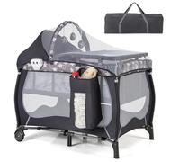 HONEY JOY Pack and Play, giochino portatile 5 in 1 con culla e porta con cerniera, fasciatoio, ruote bloccabili, carillon pieghevole, da viaggio, culla per neonati e bambini (grigio)