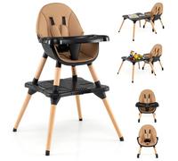 HONEY JOY Seggiolone 5 in 1 convertibile in legno per neonati e bambini, set tavolo e sedia, con imbracatura di sicurezza, vassoio rimovibile in 4 posizioni (caffè)