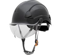 Honeywell Casco di sicurezza in fibra di metallo con visiera, elmetto rigido per edilizia, non ventilato, cinturino sottogola con fibbia a 4 punti, sospensione a cricchetto a 6 punti, nero, FSH10011E