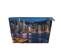 Hong Kong Night View Leather Travel Makeup Bag-Waterproof Cosmetic Pouch
