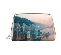 Hong Kong Print Leather Zipper Makeup Bag Cosmetic Pouch Travel Organizer Toiletry Clutch, Bianco, Taglia Unica, Bianco, One Size