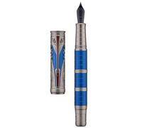 Hongdian - Penna stilografica D5X con pennino fine di colore blu, stile retrò con totem cinese Qin, per scrittura liscia, con convertitore e scatola