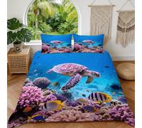 Hongduo Set Copripiumino Una Piazza e Mezza 200x200 cm Tartaruga Marina e Barriera Corallina Reversibile 3D Biancheria da Letto Pesci Tropicali Morbida in Microfibra 3 Pezzi