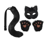 HonGien Set cosplay in finta pelliccia di coda di volpe e maschera da lupo, guanti con artigli di peluche, set costume cosplay per Halloween e feste di Natale (nero)