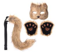 HonGien Set cosplay in finta pelliccia di coda di volpe e maschera da lupo, guanti con artigli in peluche, set costume cosplay per Halloween e feste di Natale (marrone)