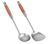 HonGien Set di 2 spatole in acciaio inox 304, spatola wok e mestolo con manico lungo in legno di pera resistente al calore