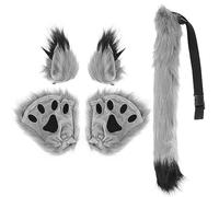 HonGien Set per Cosplay, Orecchie di Volpe e Lupo, Clip per Capelli e Coda in Pelliccia Sintetica, Guanti in Peluche, per Adulti, Halloween, Festa di Natale(grigio)