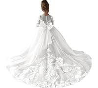 Hongyangjing Abito da bambina con motivo floreale, per matrimonio in stile country, con strascico, in pizzo, da principessa, per la prima comunione, bianco, 12-13 Anni