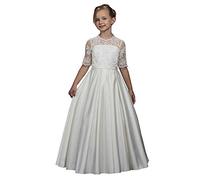 Hongyangjing Abito da Prima Comunione da bambina, a mezza manica, in raso di pizzo, formale, bianco, con fiori, per matrimonio in chiesa, bianco, 10-11 Anni