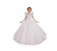 Hongyangjing Abito da Prima Comunione in Pizzo Bianco per Ragazze Maniche Lunghe Raso Fiore Ragazze Vestito Princip, bianco, 10-11 Anni