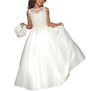 Hongyangjing Abito da Prima Comunione per bambina, con applicazioni di perle, in raso, linea ad A, per matrimonio in chiesa, bianco, 11-12 Anni