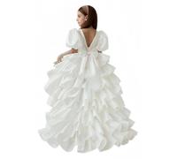 Hongyangjing Abito da ragazza con maniche a sbuffo, in tulle, per la prima comunione, in organza, per bambine, bianco, 6-7 Anni