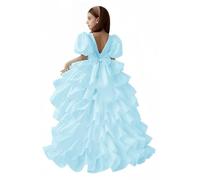 Hongyangjing Abito da ragazza con maniche a sbuffo, in tulle, per la prima comunione, in organza, per bambine, blu cielo, 4-5 Anni