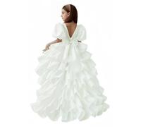 Hongyangjing Abito da ragazza con maniche a sbuffo, in tulle, per la prima comunione, in organza, per bambine, avorio, 2-3 Anni