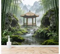 HongYouQi Carta da Parati 3D Cime Boschi Di Bambù Fiumi Gazebo | Texture Decorative e Lussuose Ideali per Uffici Zone Studio Abitazioni Camere da Letto Soggiorni Pareti D'effetto-200cm×140cm