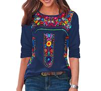 HongYunoH Tshirt da Donna con Stampa Boho Primavera Autunno Casual Allentata Girocollo a Maniche Lunghe Tshirt Blu 3XL