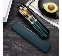 HonHeam Set da tavola portatile in acciaio inox da 4 pezzi, set di posate riutilizzabili lavabili in lavastoviglie, include forchetta cucchiaio bacchette con scatola (verde dorato)