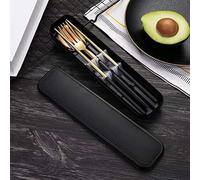 HonHeam Set da tavola portatile in acciaio inox da 4 pezzi, set di posate riutilizzabili lavabili in lavastoviglie, include forchetta cucchiaio bacchette con scatola (nero dorato)