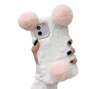 HONHULEE Custodia in peluche per Nokia C12 a forma di cartone animato, super carina, morbida, calda, soffici, con orecchie pelose, antiurto, cover posteriore bella - bianco e rosa